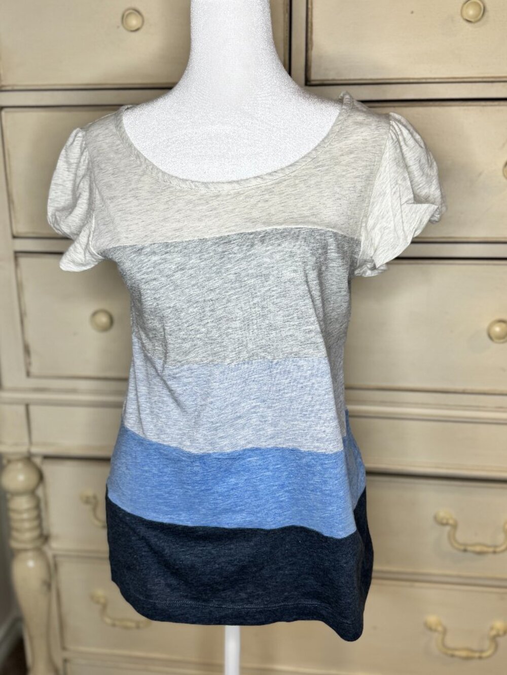 BCBG MAXAZRIA Gray & Blue Color Block Short Sleeve Top - Size M NWT